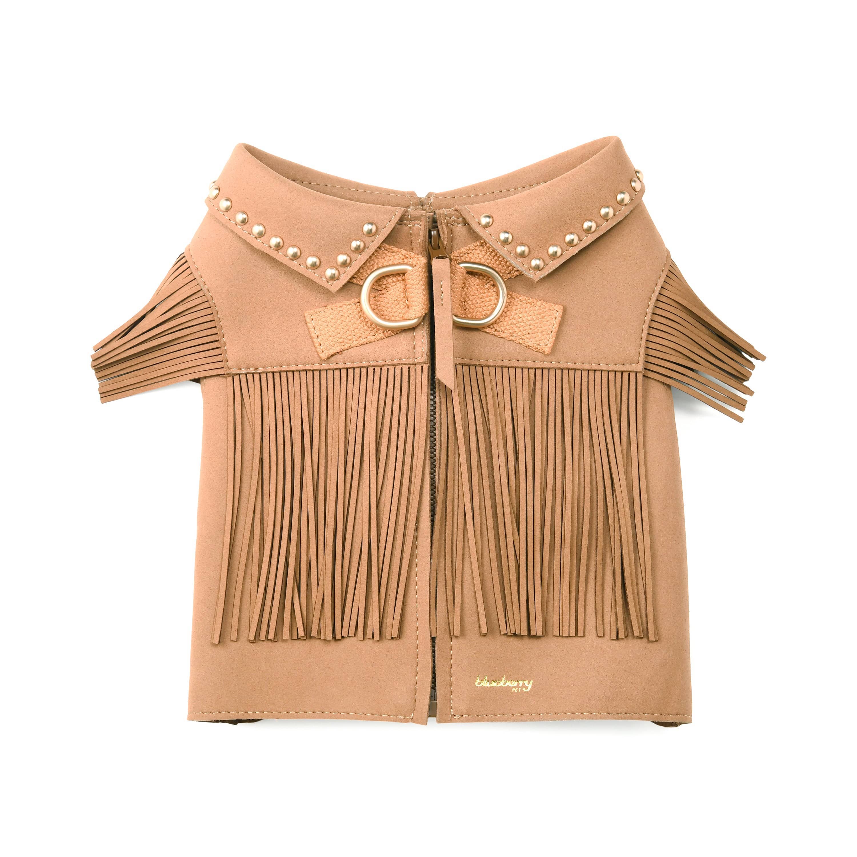 Western Fringe Dog Harness Jacket – Microfiber Suede with AG+ Freshness | Camel Tan