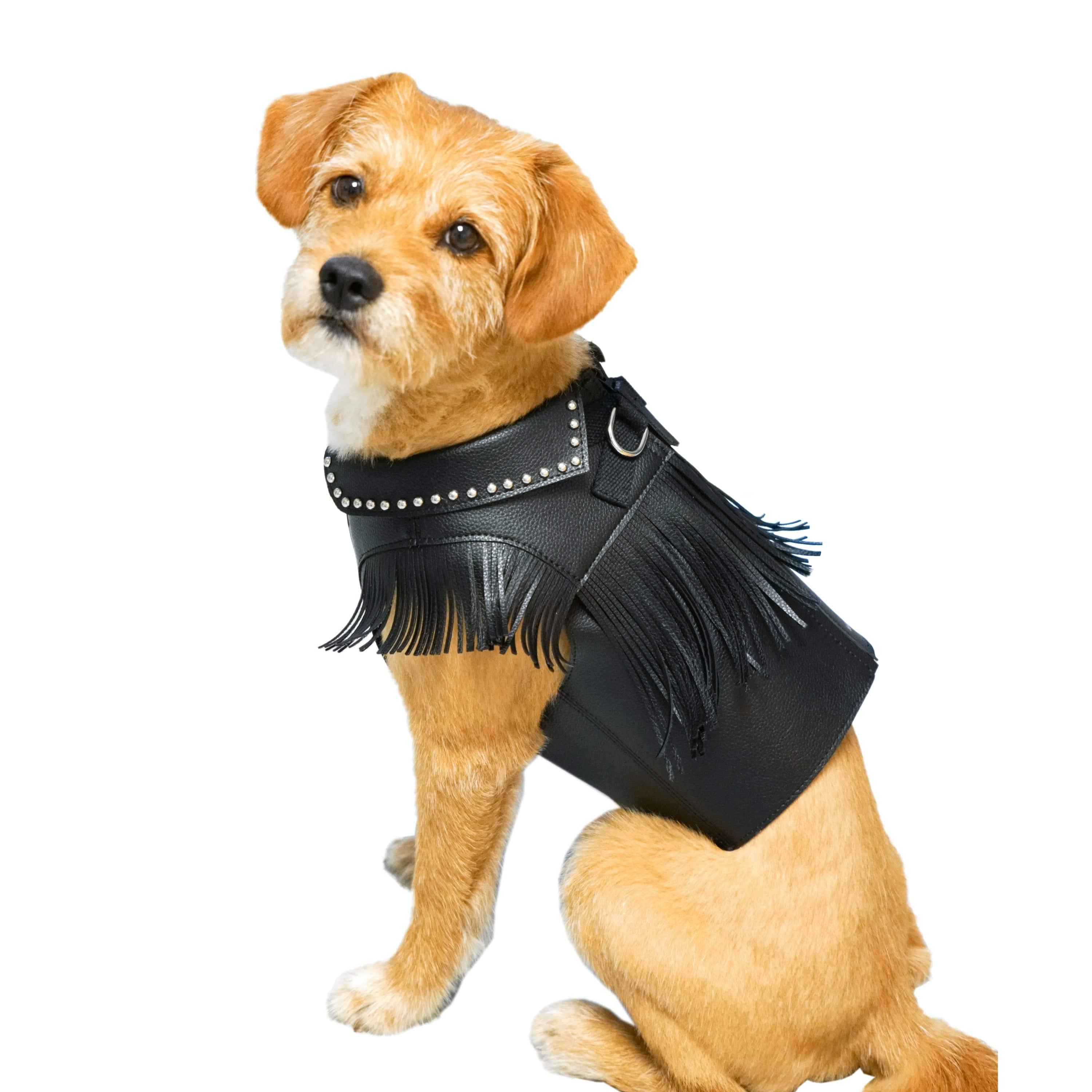 Silver-Powered Freshness Microfiber Suede Dog Harness Jacket -  Fringed Style: Midnight Black / 8"